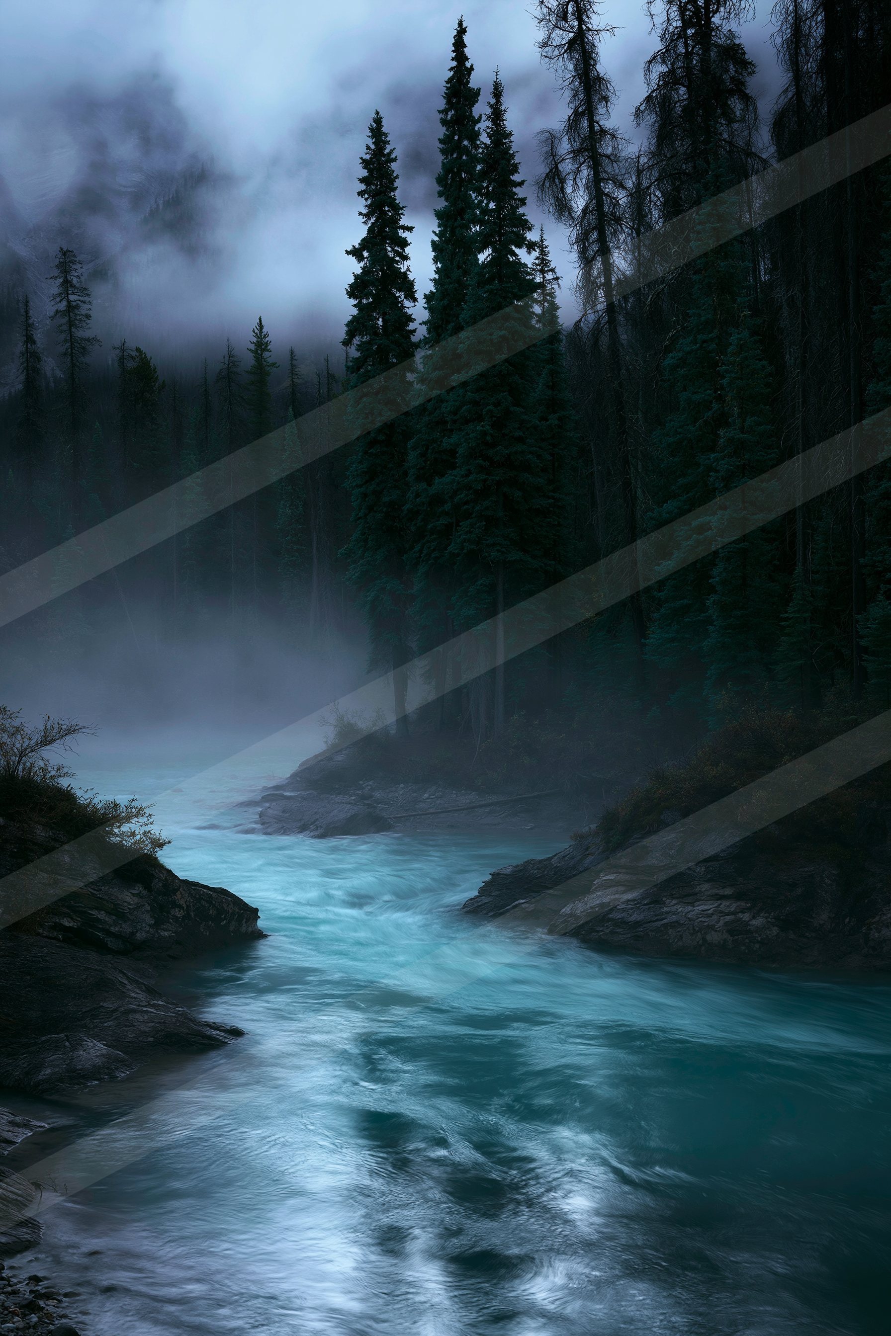 A mysterious water scene of a river, fog.