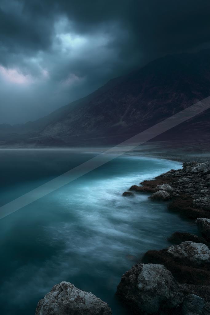 A blue hour long exposure water scene of ocean, storm, lake.