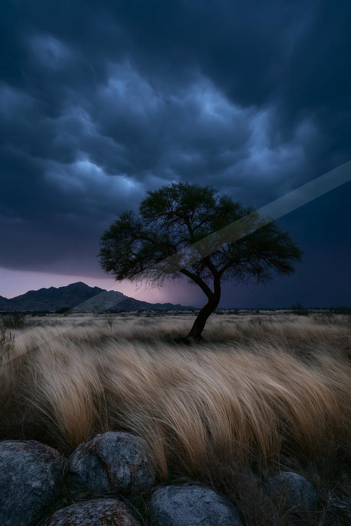 A blue hour long exposure nature scene of trees, storm, field.