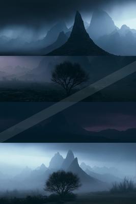 A blue hour landscape of mountains, trees, valley.