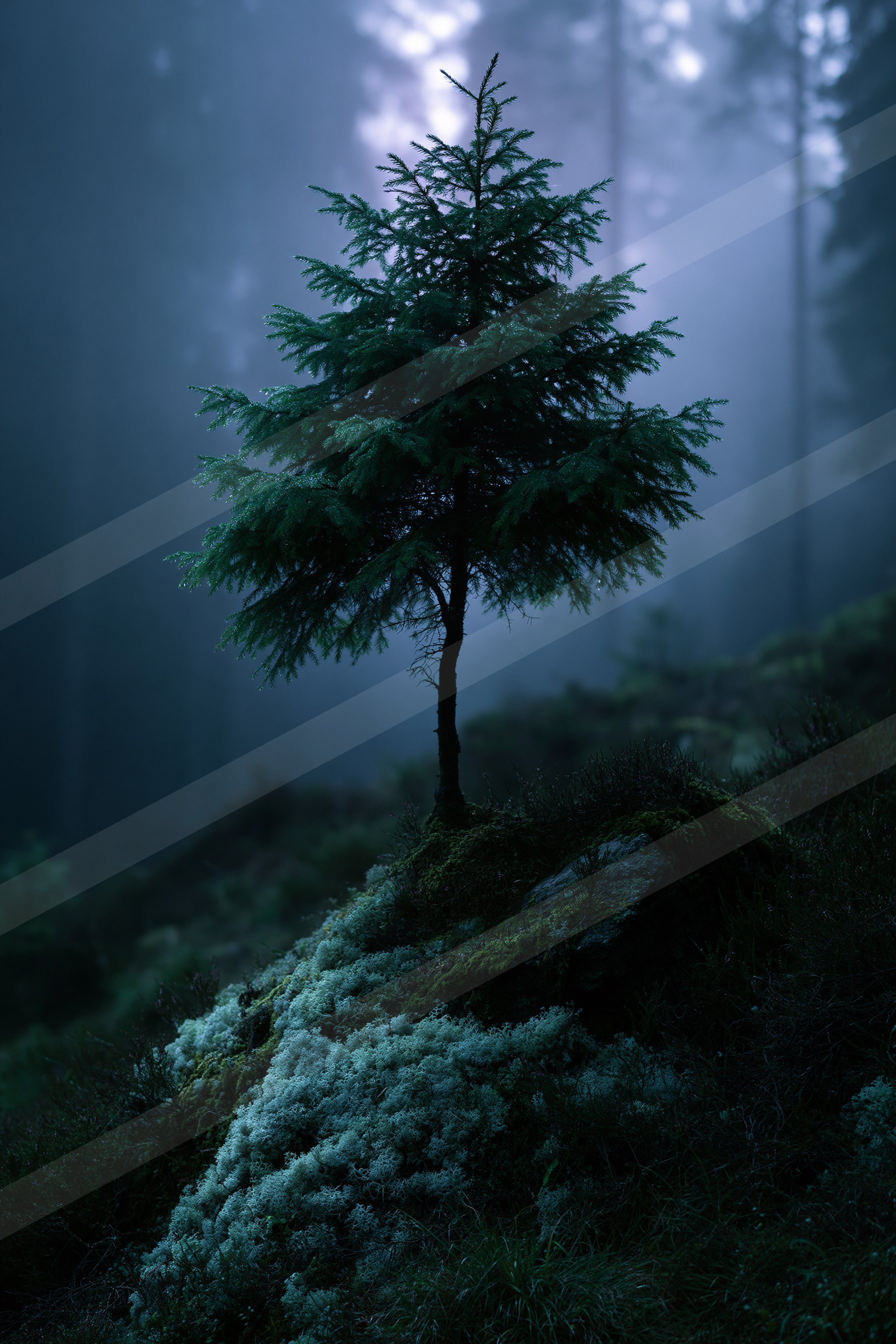 A mysterious nature scene of a pine tree, fog.