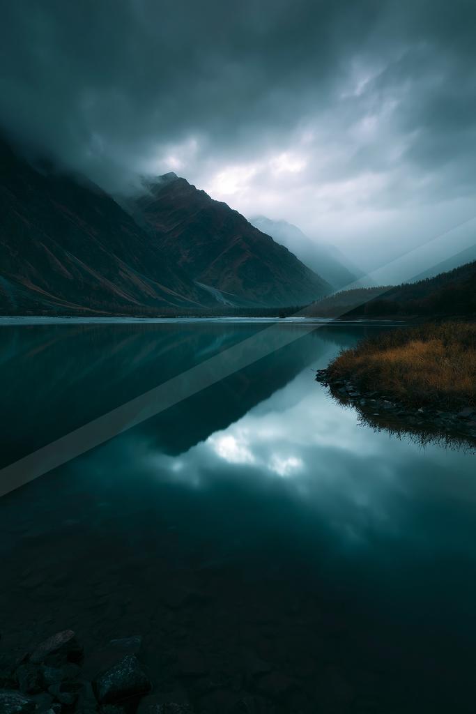 A calm mountain lake reflects the steep, cloud-covered peaks and overcast sky in moody blue tones, with rocky foreground and autumnal vegetation on the shore.