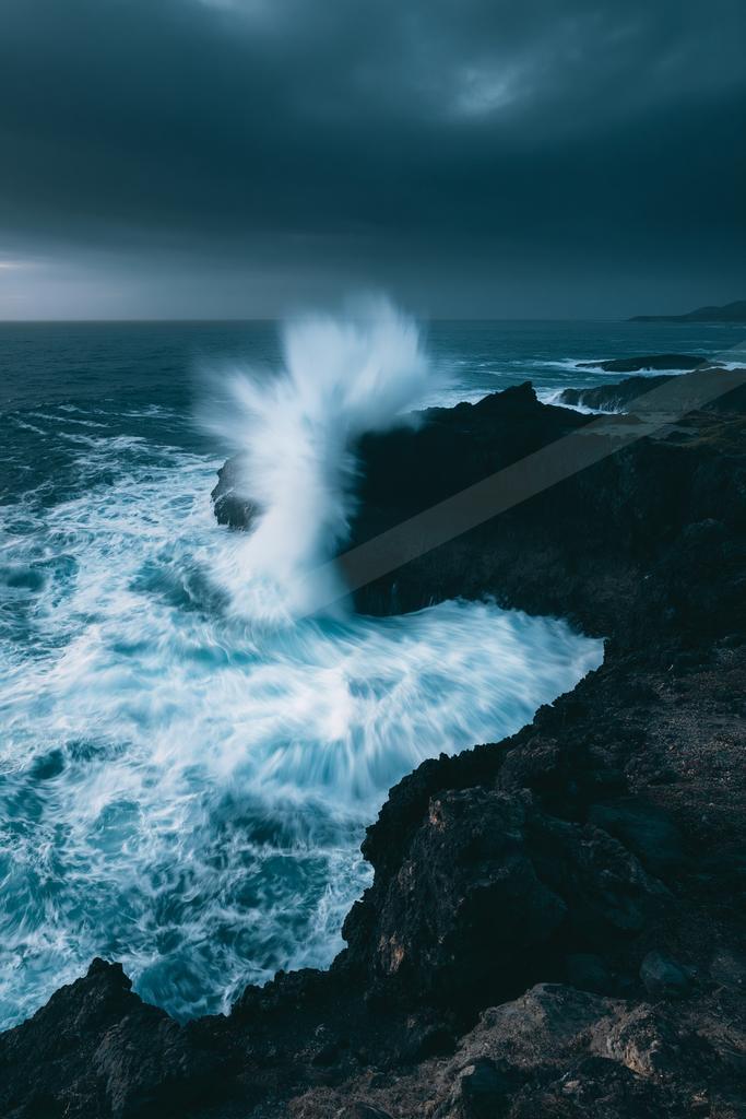 A dramatic long exposure water scene of an ocean waves, rocks.