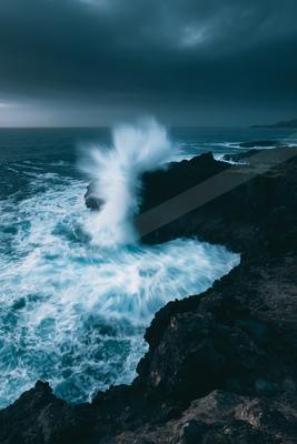 A dramatic long exposure water scene of ocean, storm, rocks.
