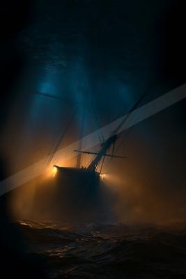 A black-toned moody photograph of crane, pirate, wreck.