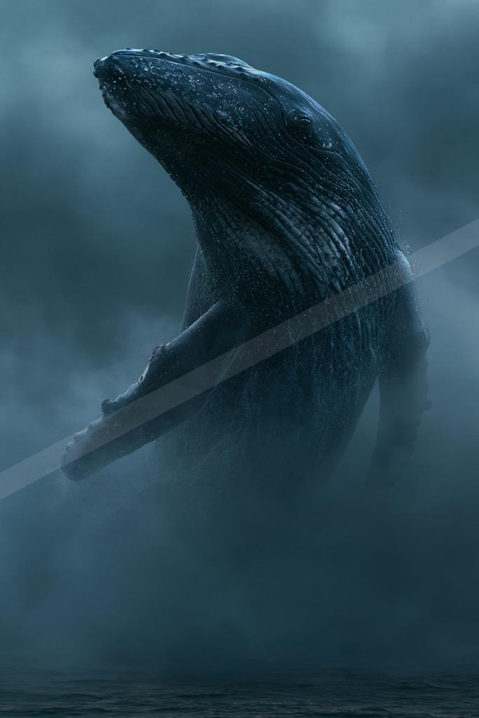 A large humpback whale emerges vertically from the dark ocean, surrounded by mist and water spray, with its pectoral fin extended.