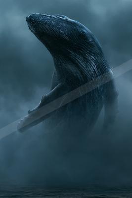 A large humpback whale emerges vertically from the dark ocean, surrounded by mist and water spray, with its pectoral fin extended.