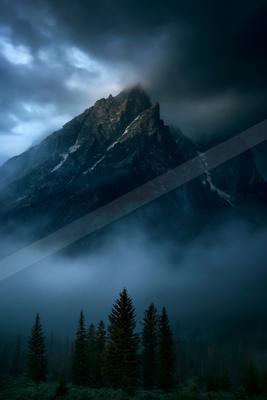 A night panorama landscape of a mountains, fog.