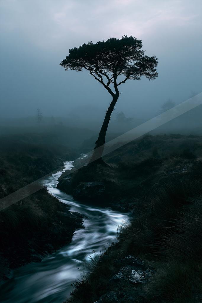 A serene long exposure water scene of river, trees, fog.