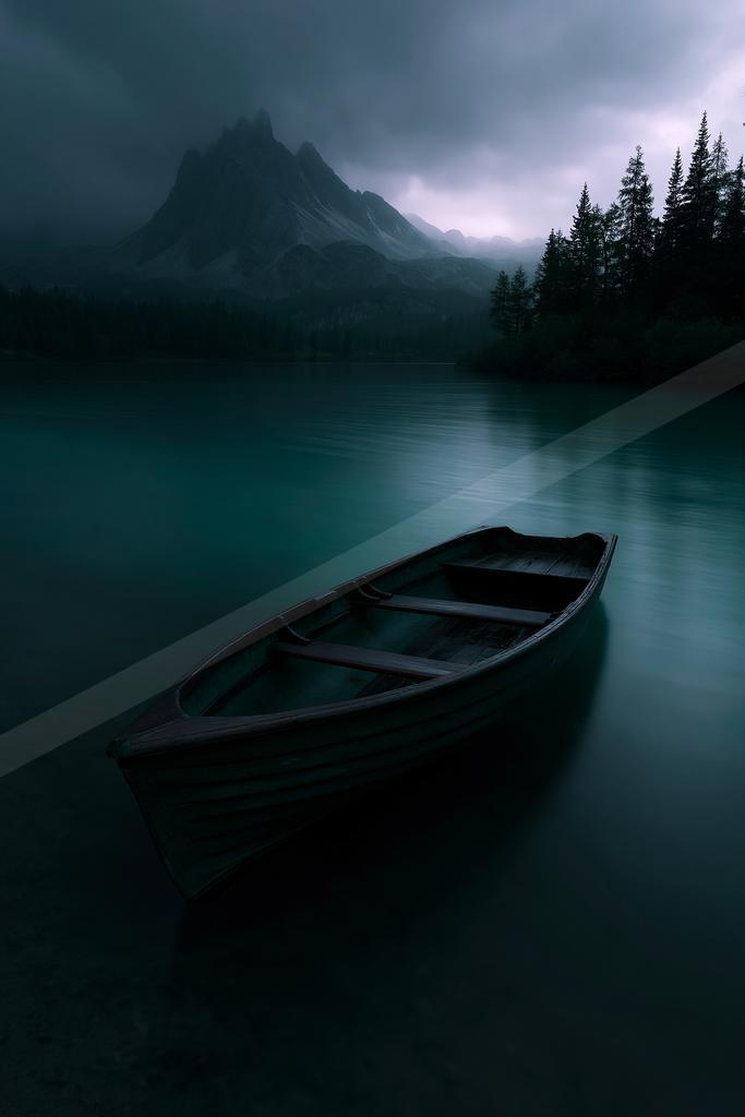 A wooden rowboat rests on the shore of a calm turquoise lake with dramatic misty mountains and dark evergreen trees in the background under a moody overcast sky