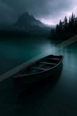 A wooden rowboat rests on the shore of a calm turquoise lake with dramatic misty mountains and dark evergreen trees in the background under a moody overcast sky
