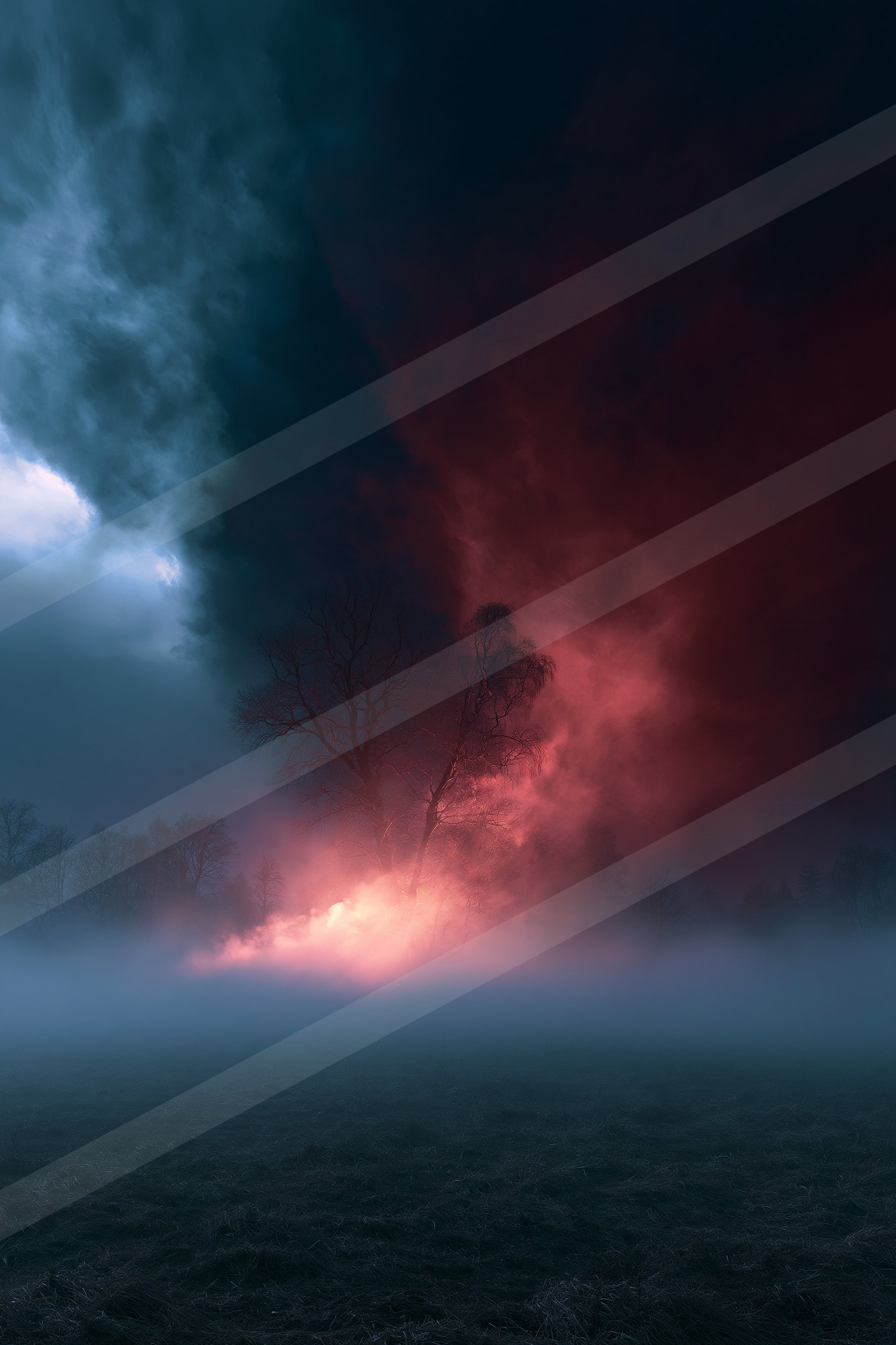 A dramatic high contrast sky scene of a storm, fog.