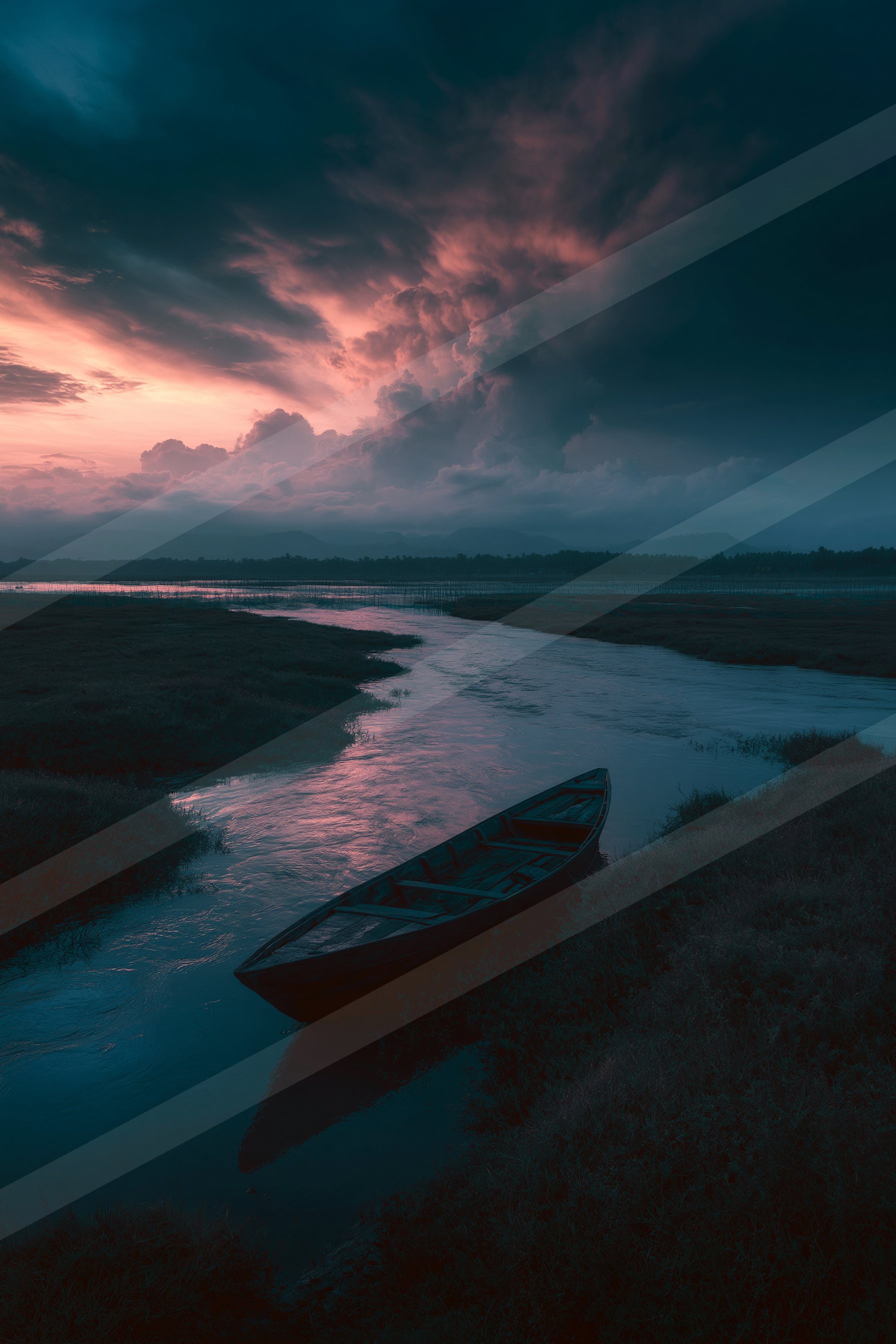 A tranquil waterway at dawn with a canoe floating in the calm waters, reflecting vibrant hues of pink and purple from the sky.