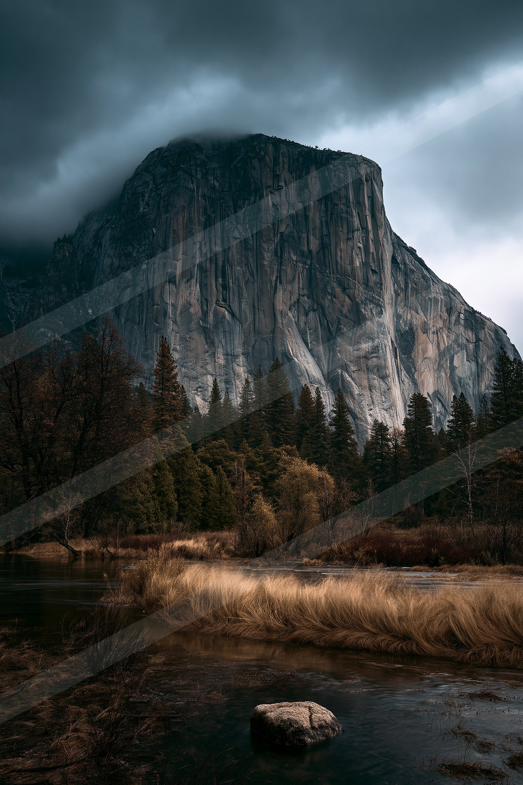 A towering rocky mountain dominates the background under stormy skies, surrounded by evergreen trees and autumn foliage near a tranquil lake.