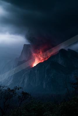 A powerful volcanic eruption with bright red lava and smoke erupting between dark mountain peaks under a stormy night sky.