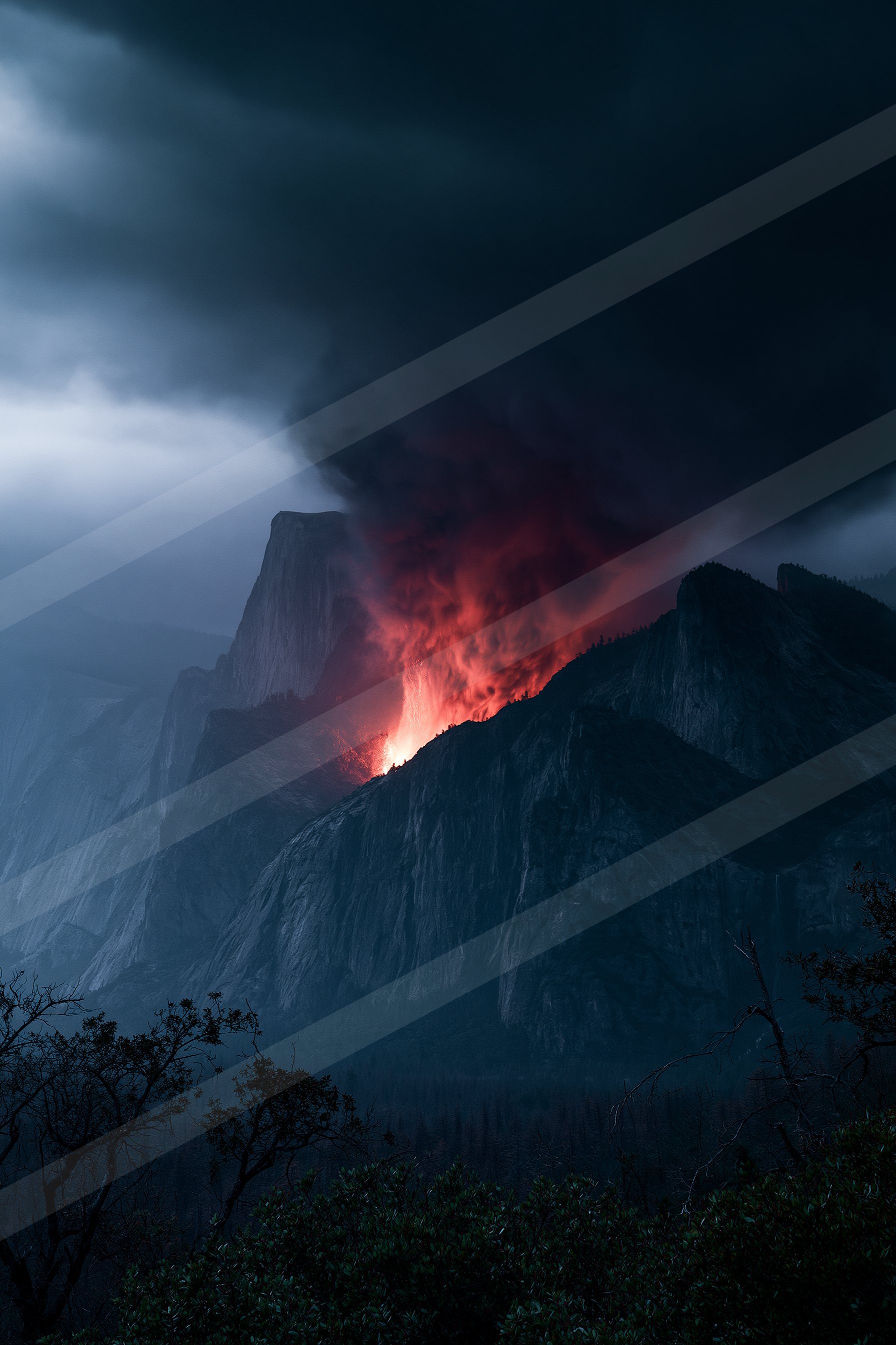 Dark mountain silhouettes against a stormy sky with a vivid red glow emanating from the valley below.