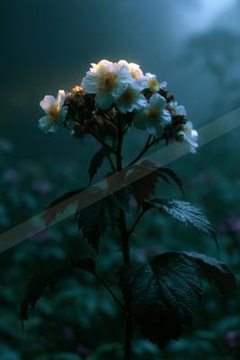 A cluster of white flowers with yellow centers glows against a dark, foggy forest background, with large green leaves on the stem.