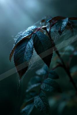 A moody bokeh nature scene of plants, fog.