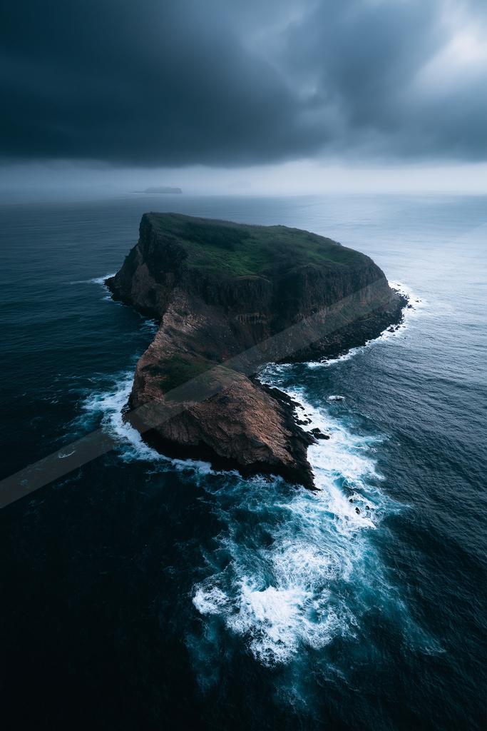A moody water scene of ocean, waterfall.