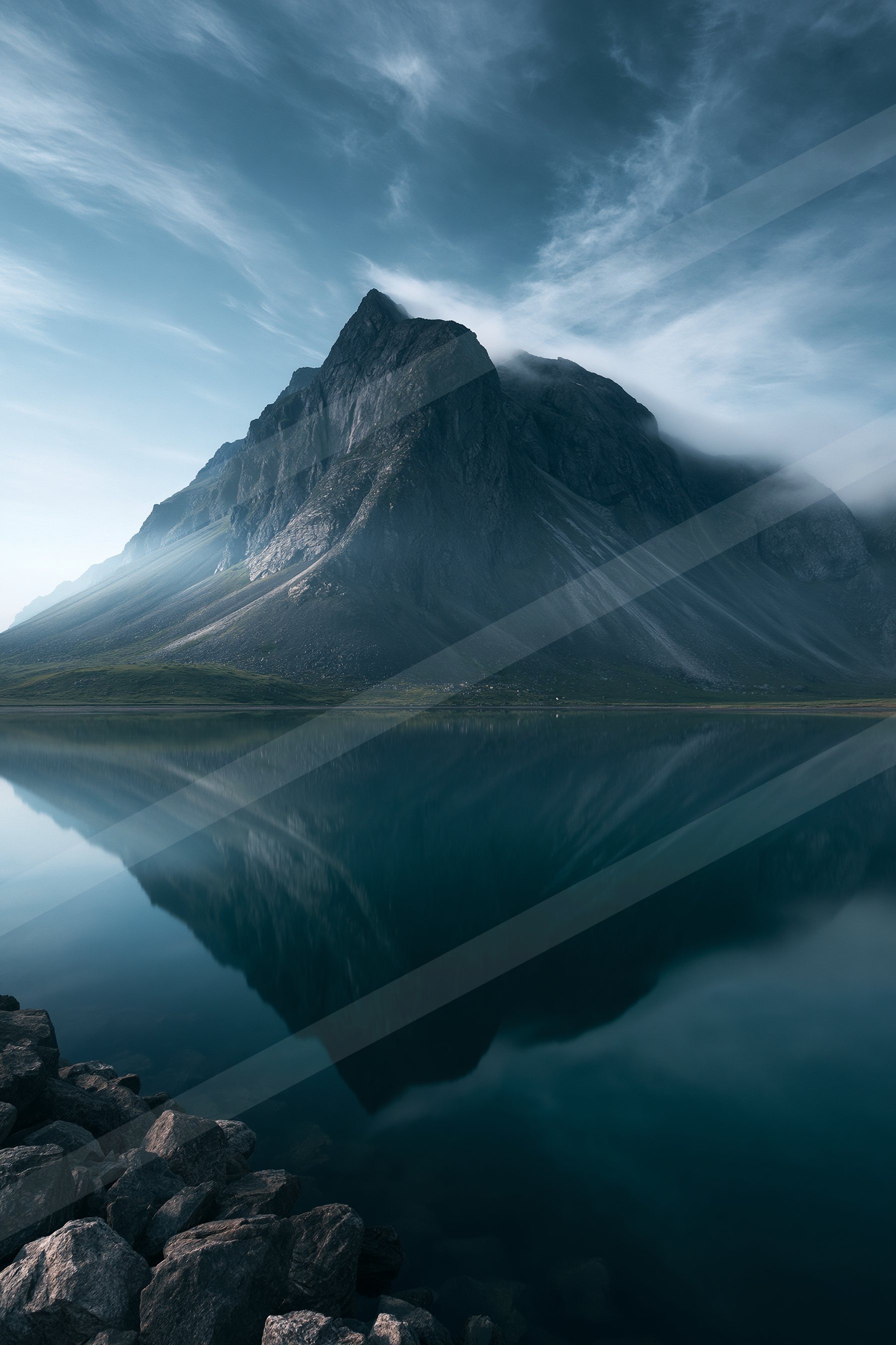 A mysterious symmetry landscape of a mountains, reflection.