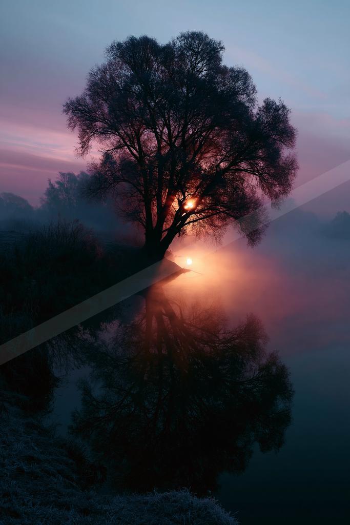A large tree silhouetted against a vibrant pink and blue sky at sunrise, with the sun glowing through its branches and mist rising from the water below, creatin