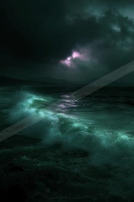 Powerful ocean waves with turquoise and white foam crashing in the foreground under a dramatic dark stormy sky illuminated by purple lightning.