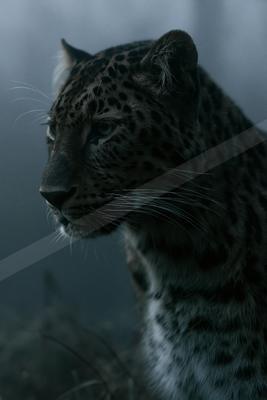 Close-up profile portrait of a leopard with spotted fur and piercing eyes, set against a misty dark background.