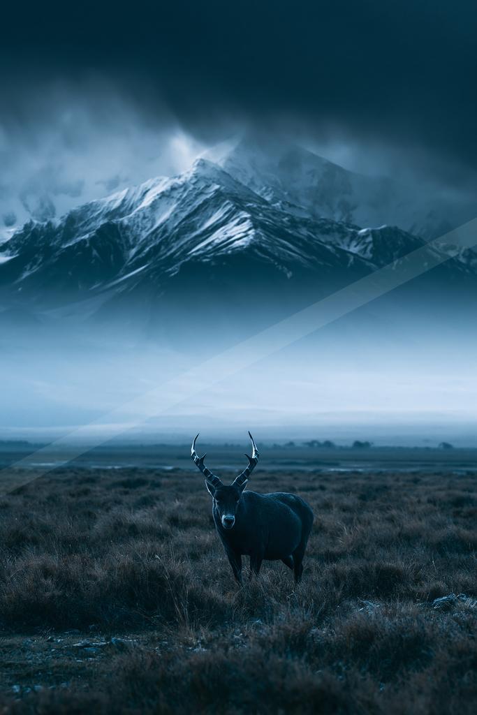 A night wildlife photo of wildlife, mountains.