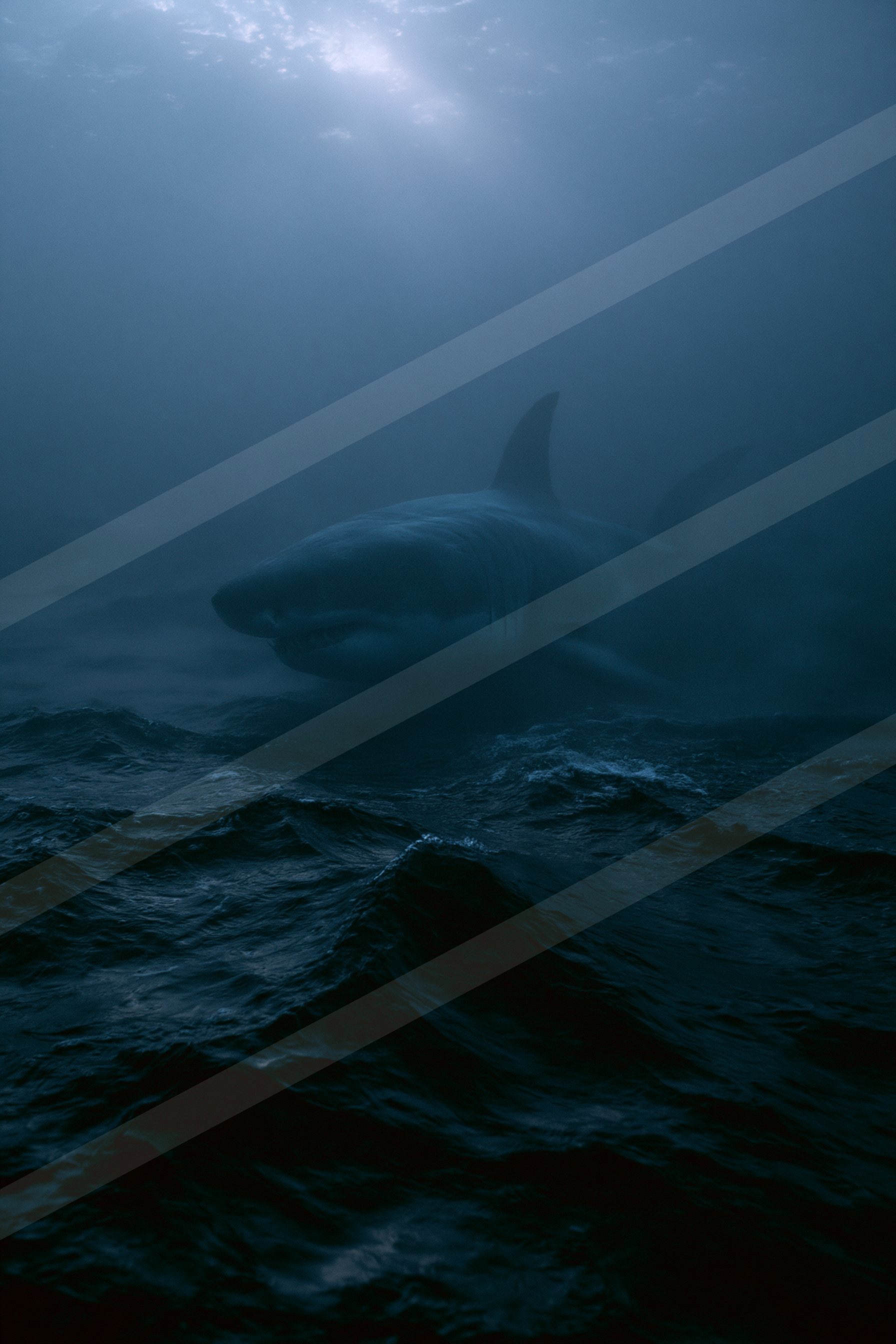 A great white shark partially breaking the surface of dark ocean waters with sunlight filtering through.