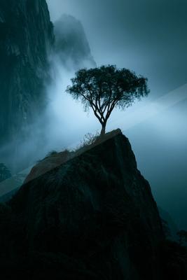 An ethereal landscape of a cliff, fog.