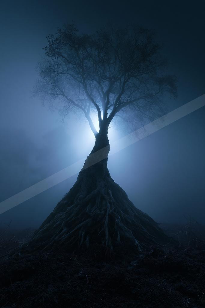 A black-toned moody photograph of lakeside, spotlight, volcano.