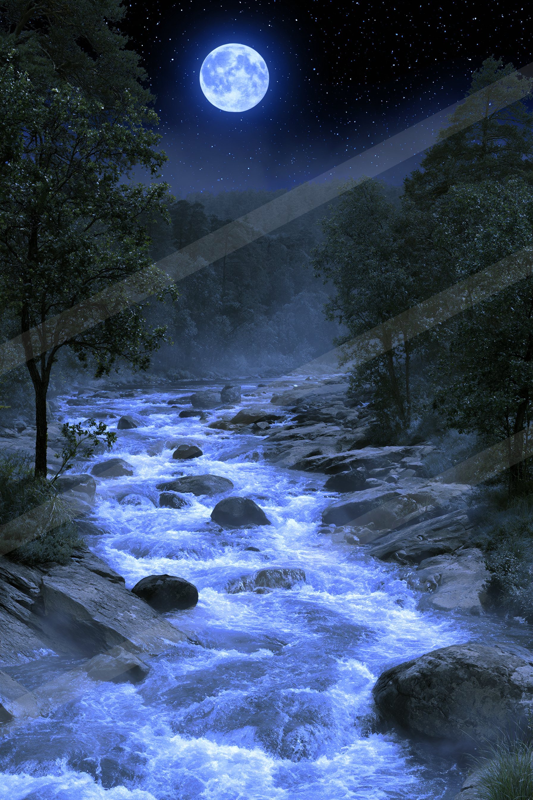 A night water scene of a stream.