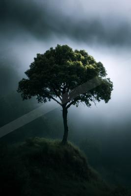 A solitary green tree stands on a grassy hilltop surrounded by thick white fog and dark forested hills.
