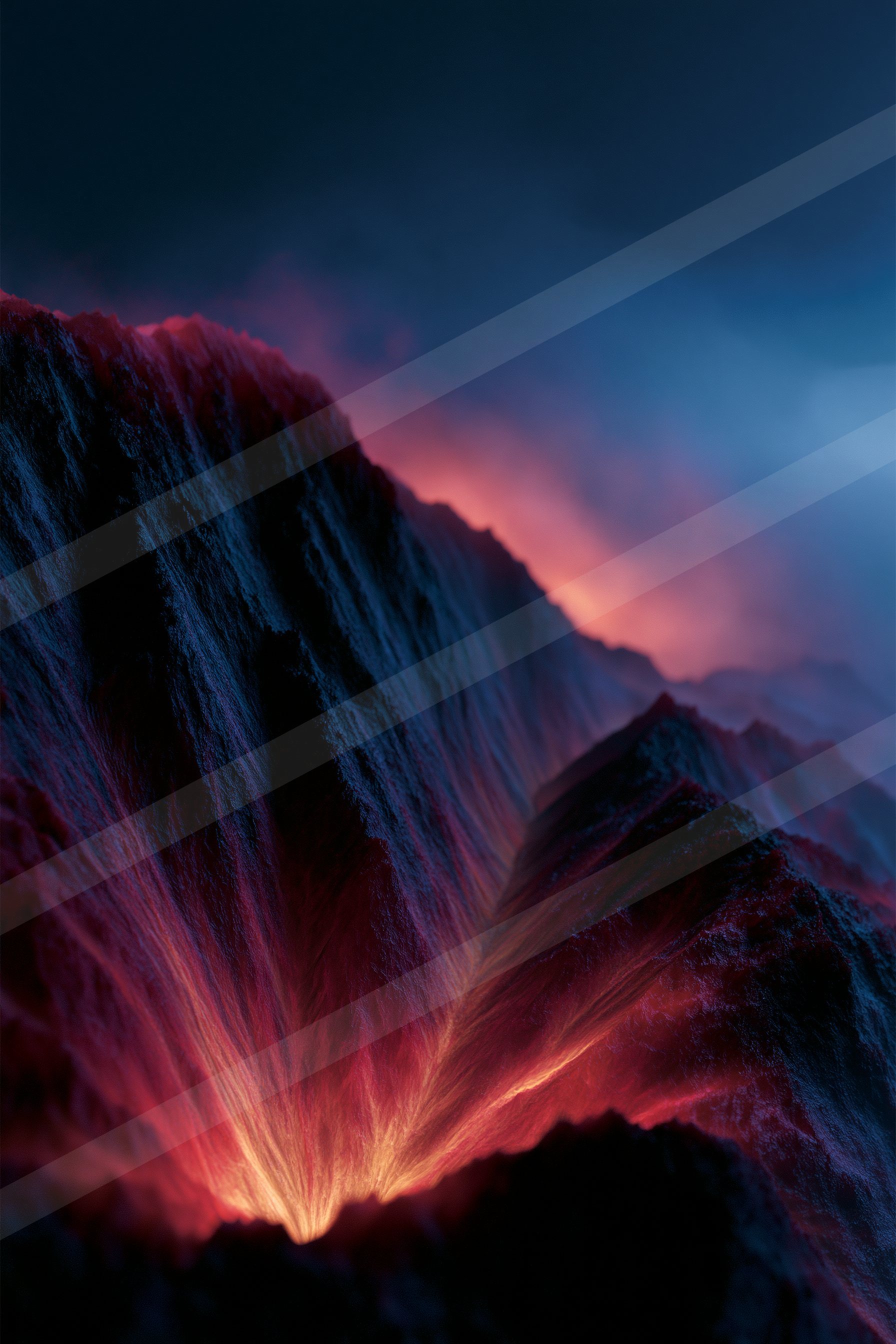 An ethereal landscape of a volcano, fire.