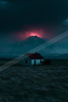 A small white house with a red roof stands in a dark grassy field, with a massive snow-covered mountain behind it under a stormy sky illuminated by an intense r