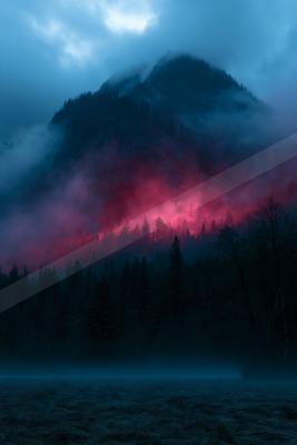 An ethereal double exposure landscape of a mountains, fog.