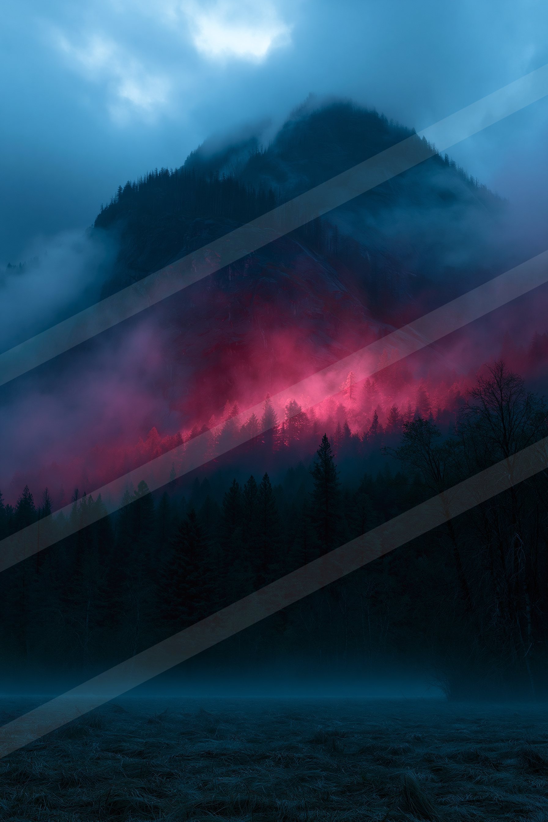 An ethereal double exposure landscape of a mountains, fog.
