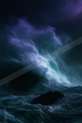 Massive turbulent ocean waves with white foam and spray crashing under a dark purple stormy sky, with a silhouetted rock in the foreground.