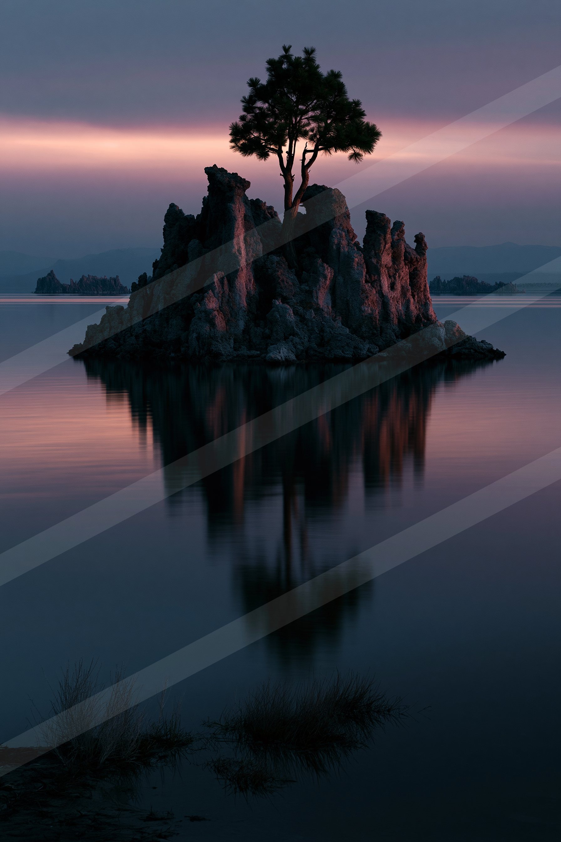 A night panorama water scene of a lake, reflection.