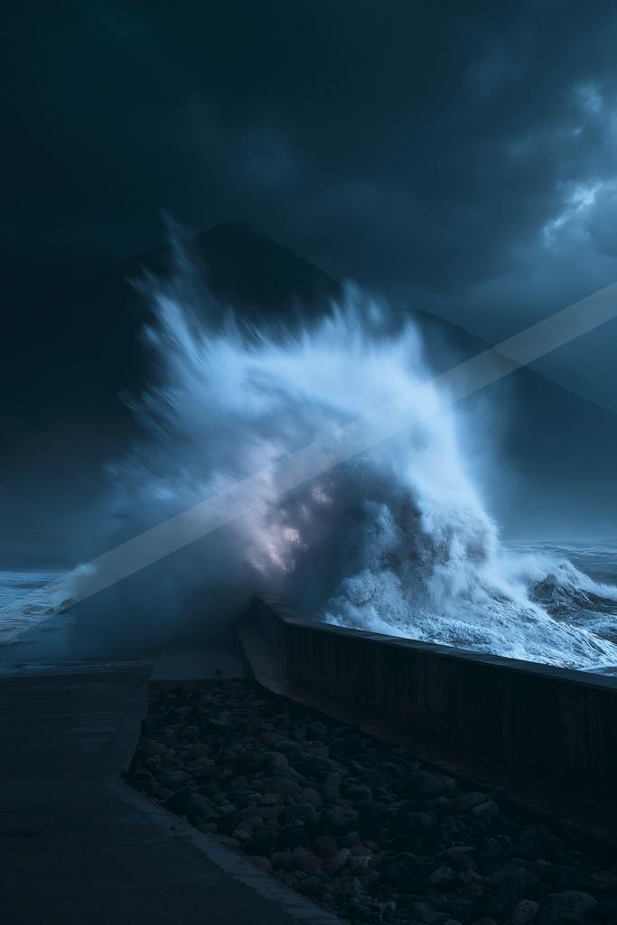 A night sky scene of storm, ocean.