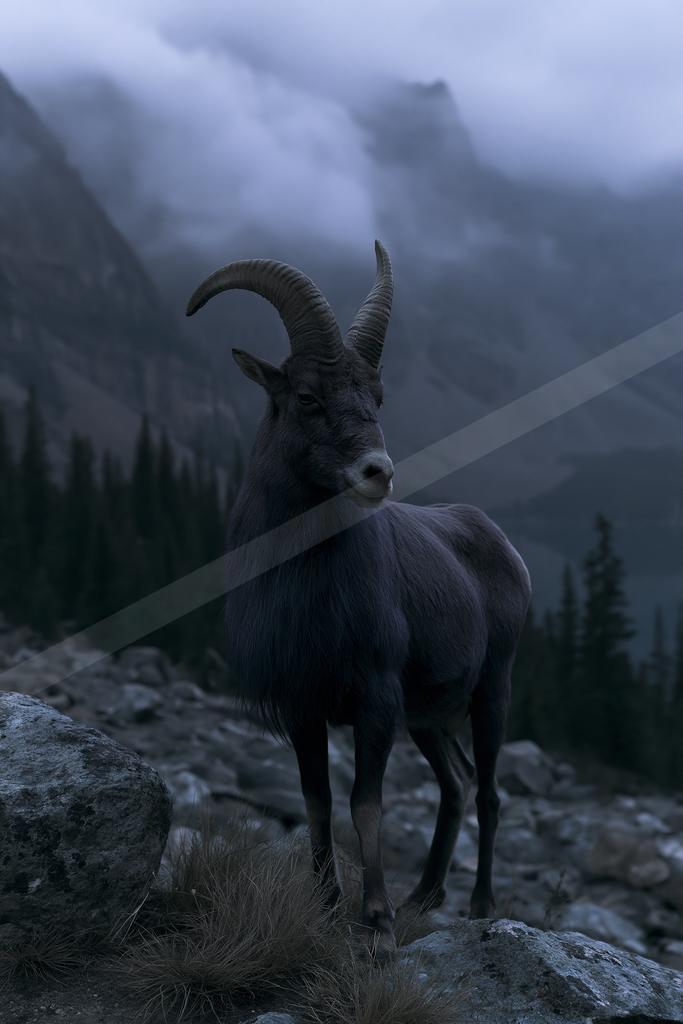 A dark-colored mountain goat with large curved horns stands on a rocky slope in a foggy mountain landscape, looking toward the viewer.