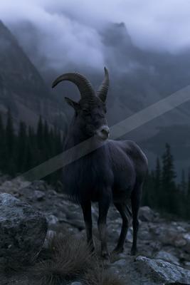 A dark-colored mountain goat with large curved horns stands on a rocky slope in a foggy mountain landscape, looking toward the viewer.