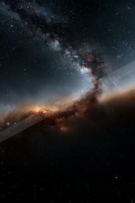 Vibrant view of the Milky Way galaxy stretching across a dark night sky filled with countless stars and colorful cosmic dust clouds in shades of orange, brown, 