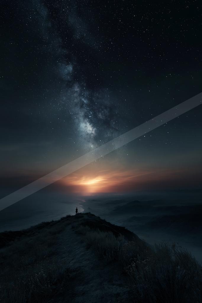 A lone silhouetted person stands on a grassy mountain ridge at night, gazing up at a brilliant starry sky filled with the glowing band of the Milky Way galaxy.