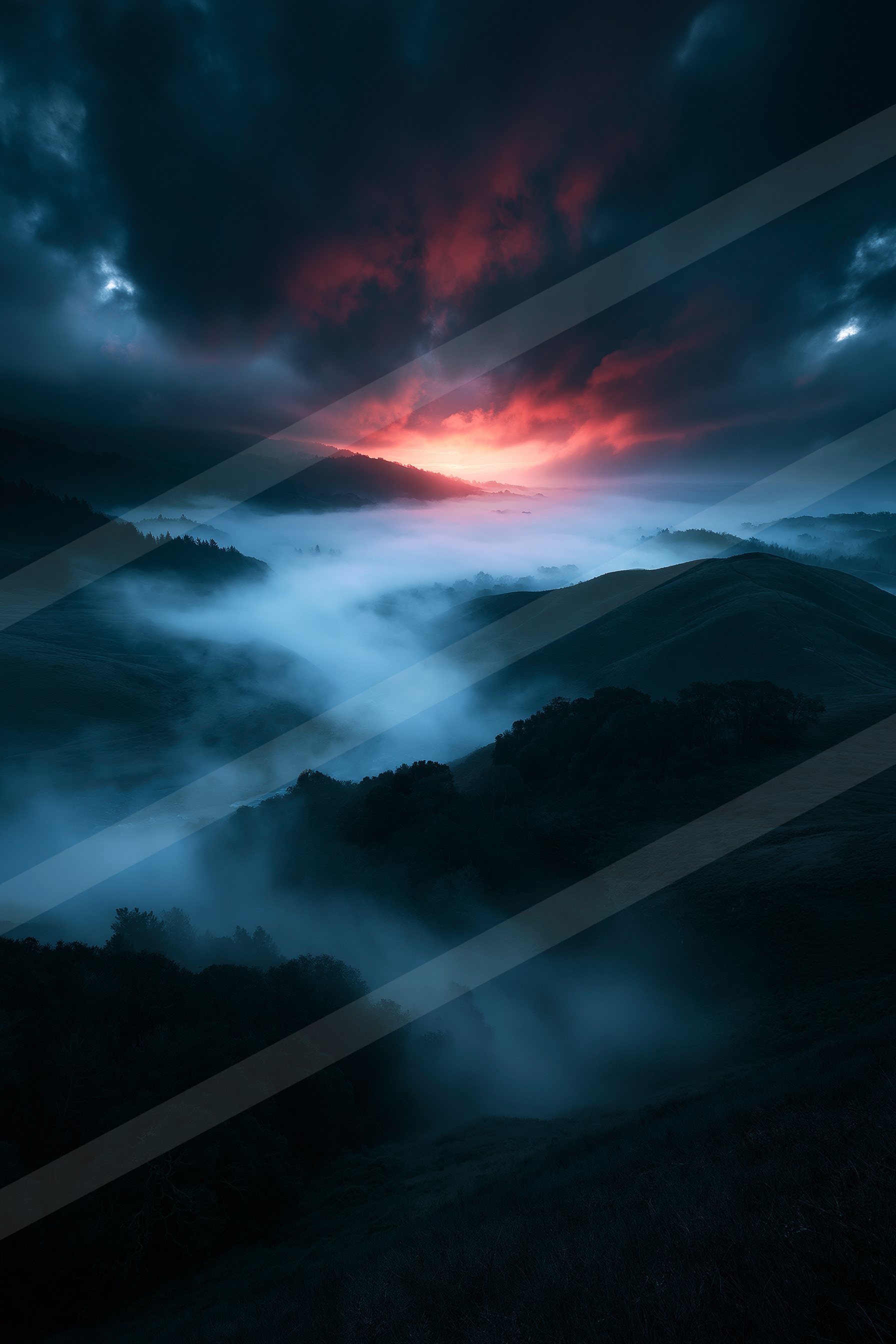 A blue hour long exposure sky scene of a sunrise, fog.