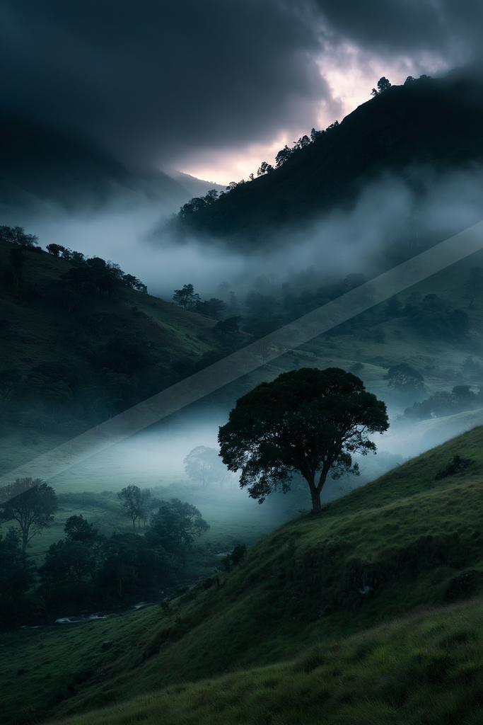A dramatic landscape of valley, trees, storm.