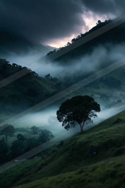 A serene valley blanketed in mist with silhouetted trees against a dark, cloudy sky.