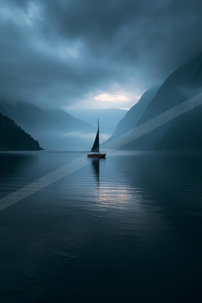 A serene water scene of lake, ocean, fog.