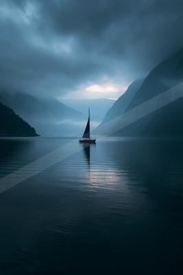 A serene water scene of lake, ocean, fog.