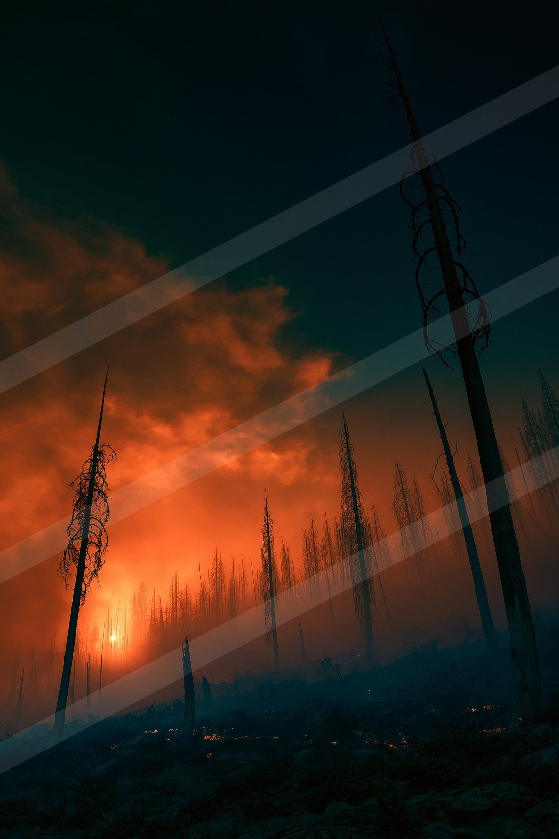 A night sky scene of an aurora, fire.